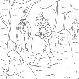 Imagem para colorir retratando o trabalho do arqueólogo, a delimitação e demarcação do sítio.