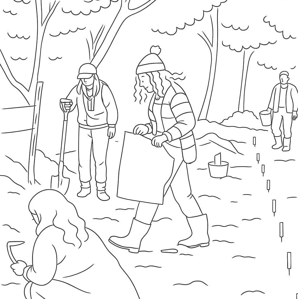 Imagem para colorir retratando o trabalho do arqueólogo, a delimitação e demarcação do sítio.